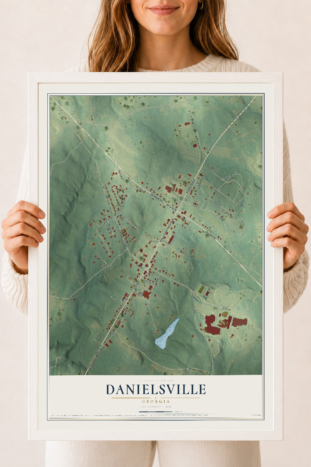Danielsville, Georgia map print, 18" x 24" W/ White Ayous Wood Frame mockup