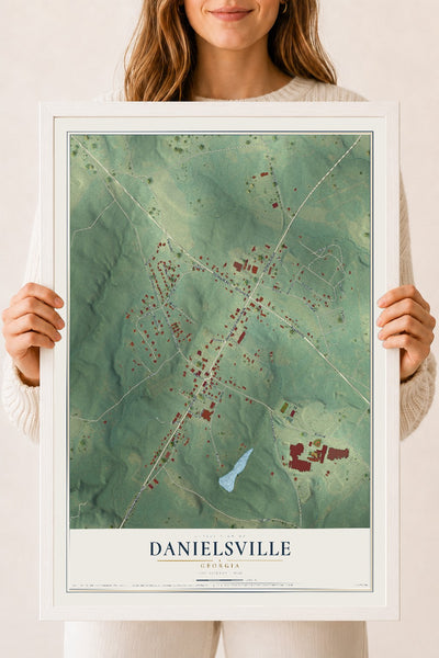 Danielsville, Georgia map print, 18" x 24" W/ White Ayous Wood Frame mockup
