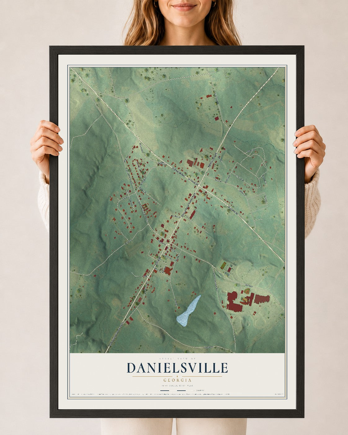 Danielsville, Georgia map print, 24" x 36" W/ Black Ayous Wood Frame mockup