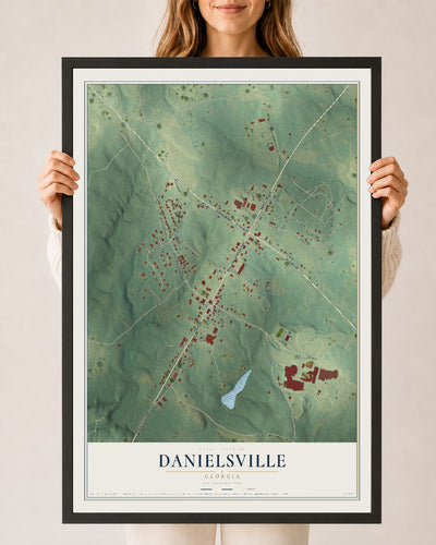 Danielsville, Georgia map print, 24" x 36" W/ Black Ayous Wood Frame mockup