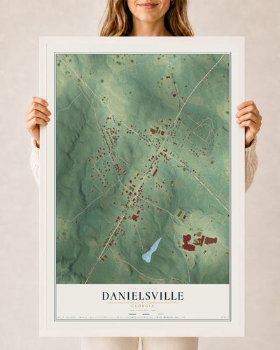 Danielsville, Georgia map print, 24" x 36" W/ White Ayous Wood Frame mockup