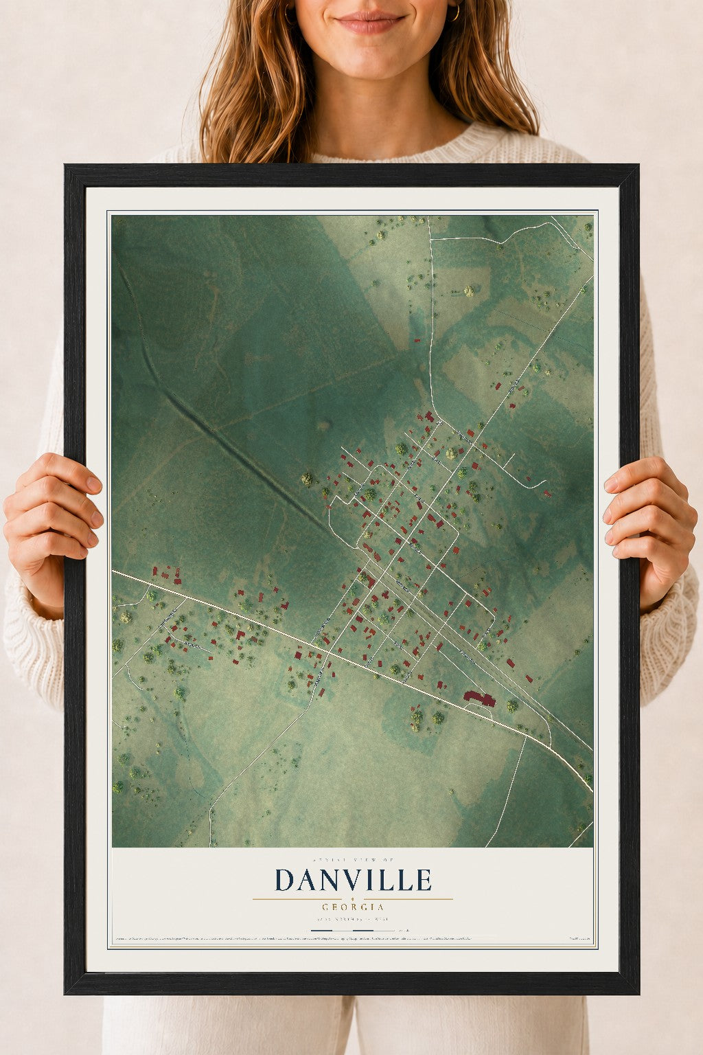 Danville, Georgia map print, 18" x 24" W/ Black Ayous Wood Frame mockup