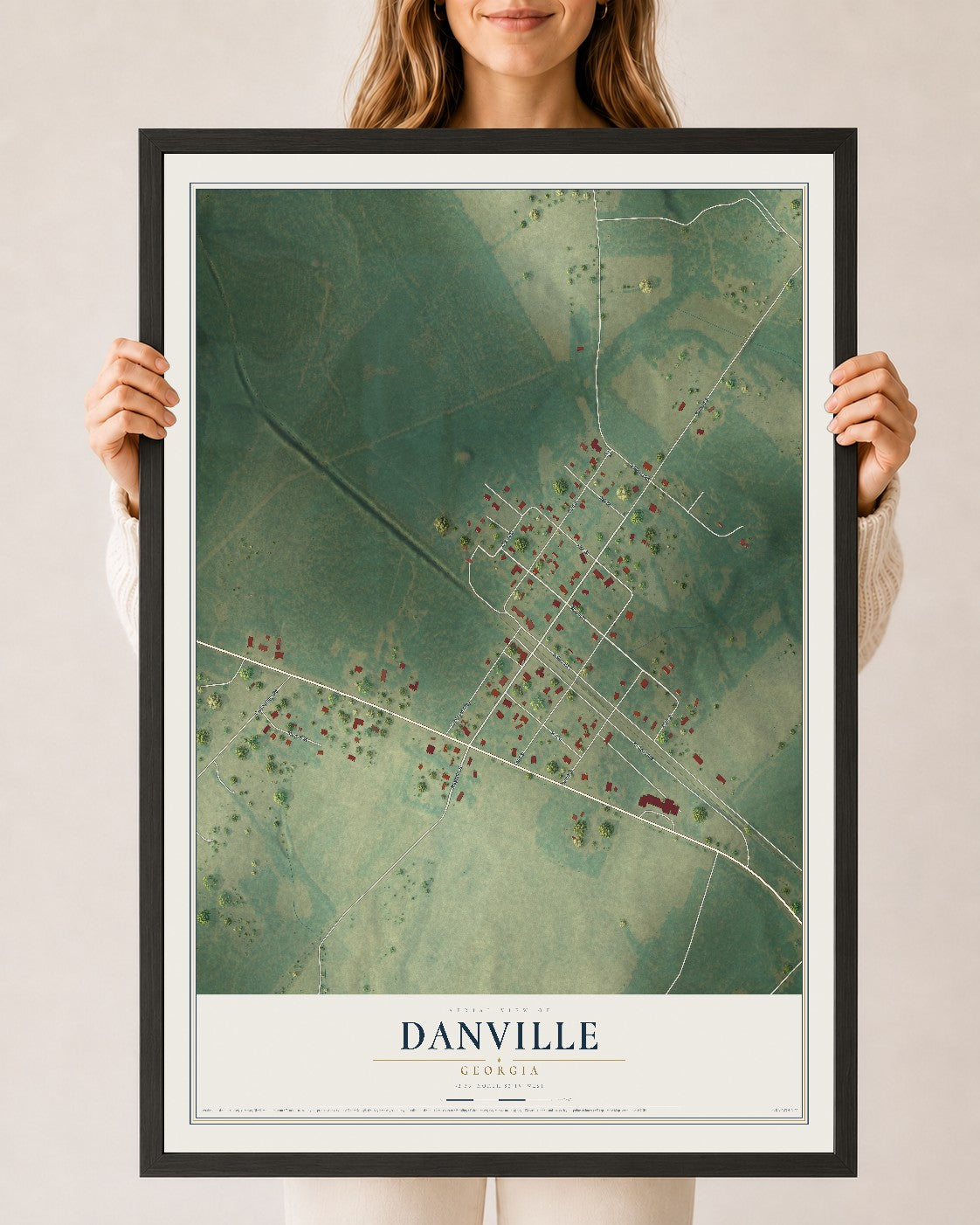 Danville, Georgia map print, 24" x 36" W/ Black Ayous Wood Frame mockup