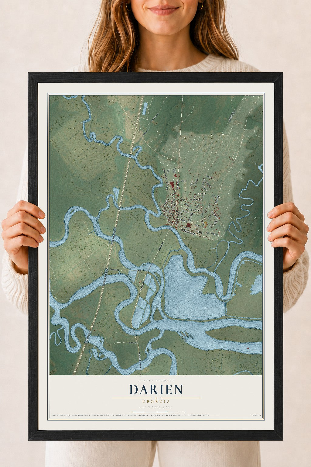 Darien, Georgia map print, 18" x 24" W/ Black Ayous Wood Frame mockup