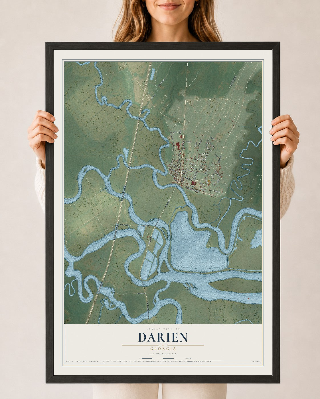 Darien, Georgia map print, 24" x 36" W/ Black Ayous Wood Frame mockup