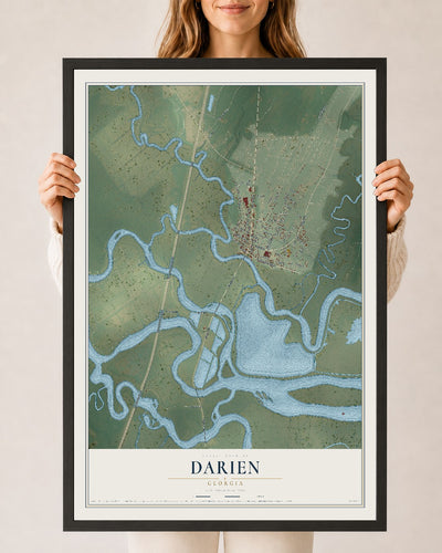 Darien, Georgia map print, 24" x 36" W/ Black Ayous Wood Frame mockup