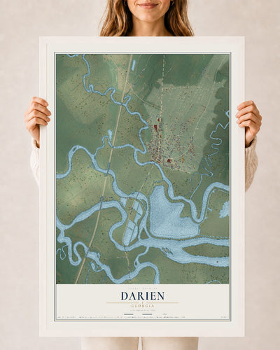 Darien, Georgia map print, 24" x 36" W/ White Ayous Wood Frame mockup