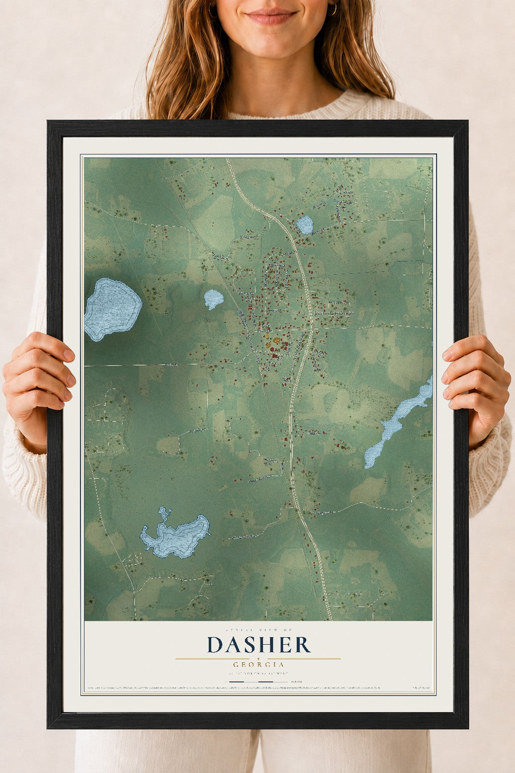 Dasher, Georgia map print, 18" x 24" W/ Black Ayous Wood Frame mockup
