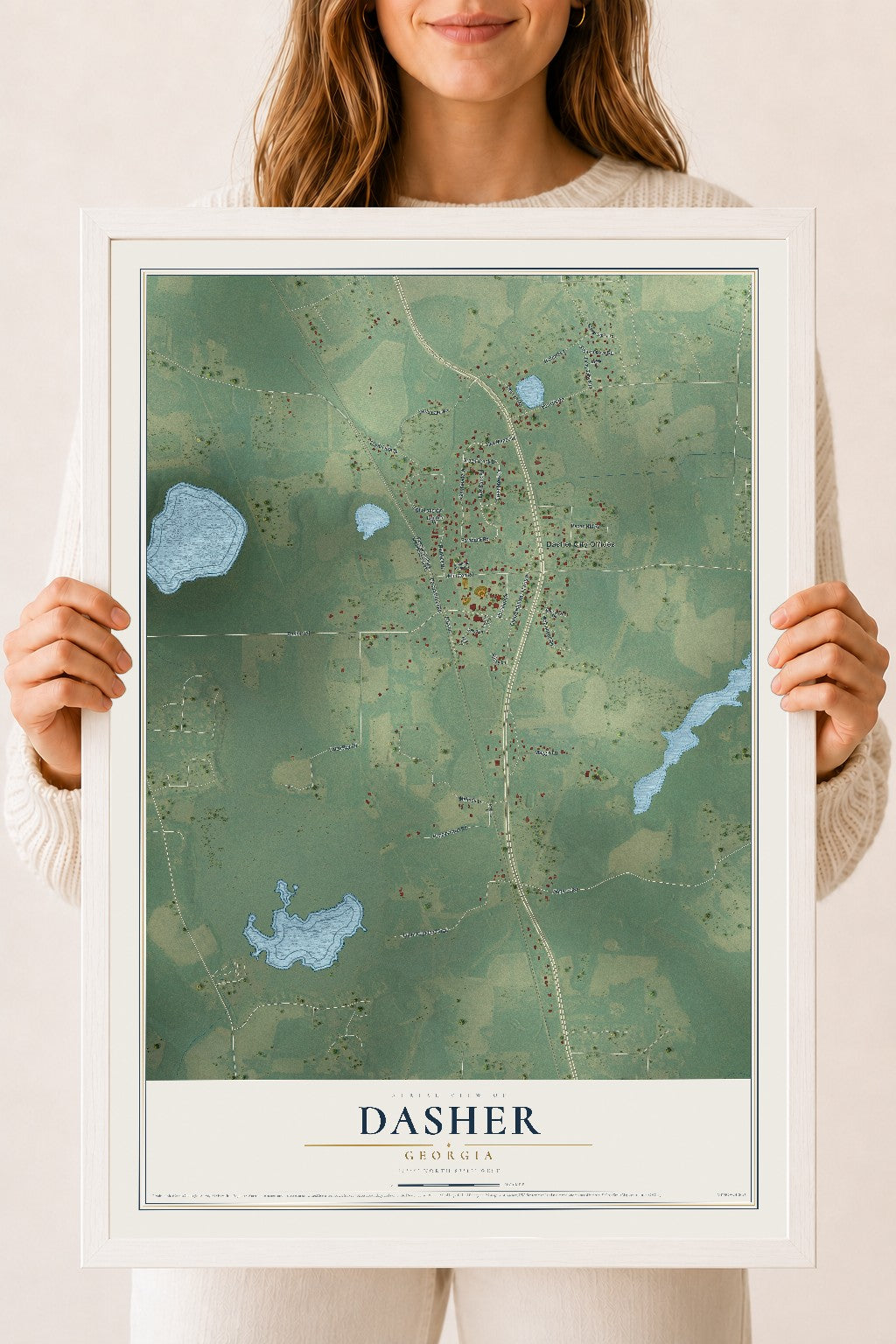 Dasher, Georgia map print, 18" x 24" W/ White Ayous Wood Frame mockup