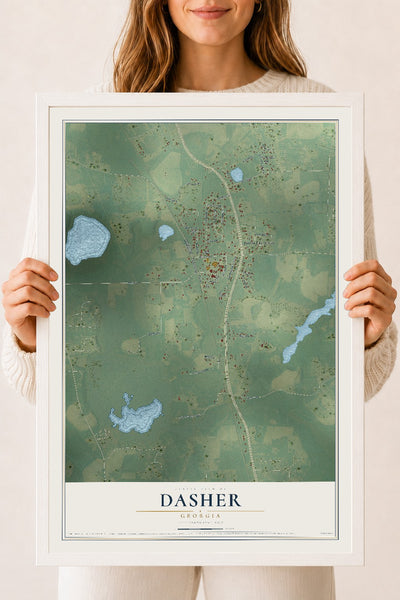 Dasher, Georgia map print, 18" x 24" W/ White Ayous Wood Frame mockup