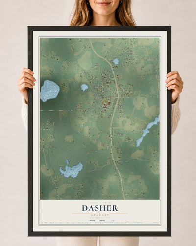 Dasher, Georgia map print, 24" x 36" W/ Black Ayous Wood Frame mockup