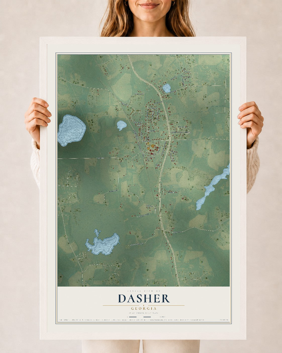 Dasher, Georgia map print, 24" x 36" W/ White Ayous Wood Frame mockup