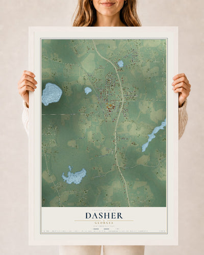 Dasher, Georgia map print, 24" x 36" W/ White Ayous Wood Frame mockup