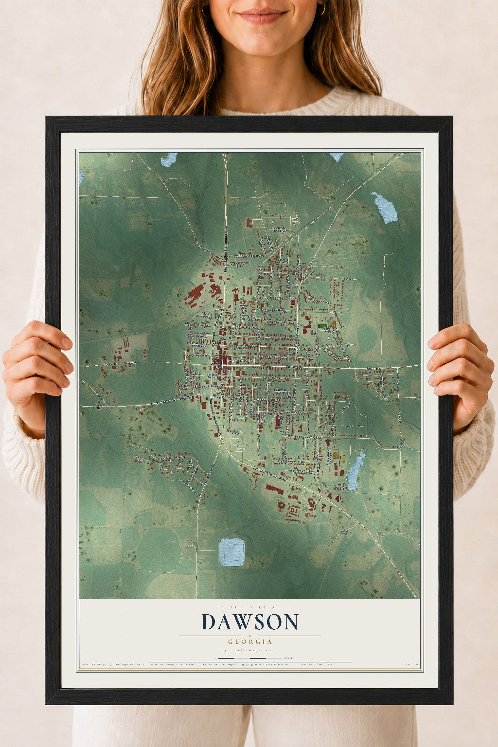 Dawson, Georgia map print, 18" x 24" W/ Black Ayous Wood Frame mockup