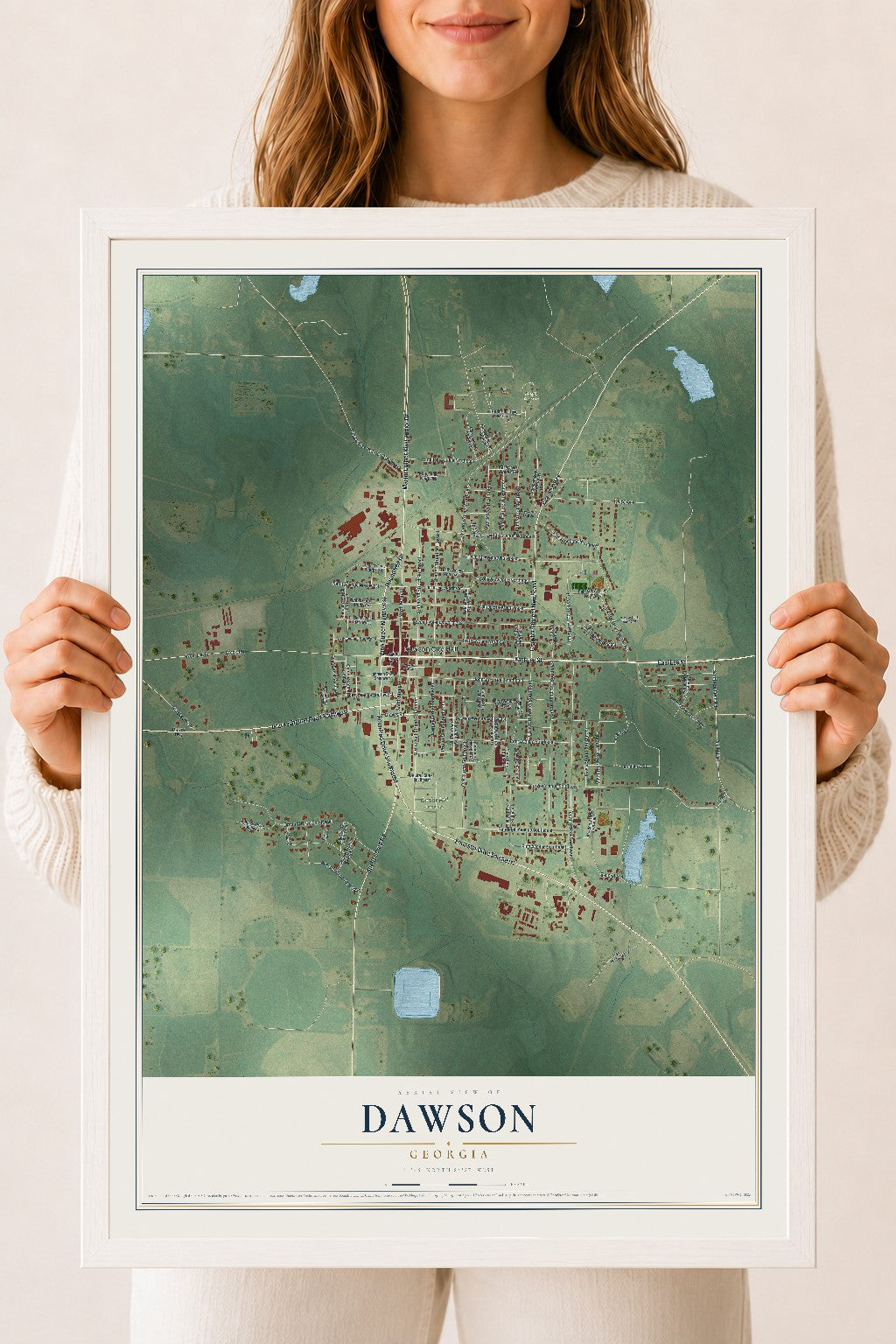 Dawson, Georgia map print, 18" x 24" W/ White Ayous Wood Frame mockup