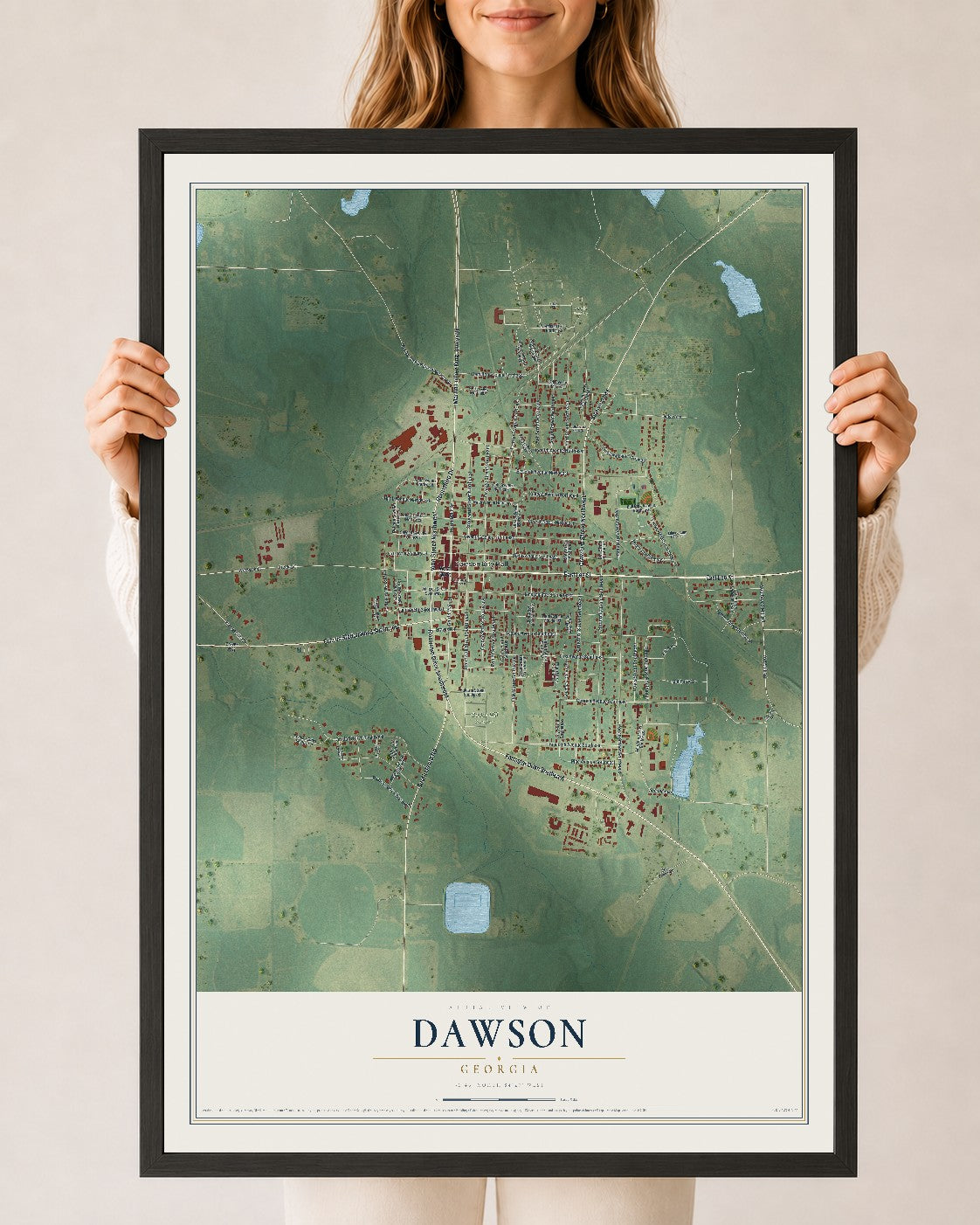 Dawson, Georgia map print, 24" x 36" W/ Black Ayous Wood Frame mockup