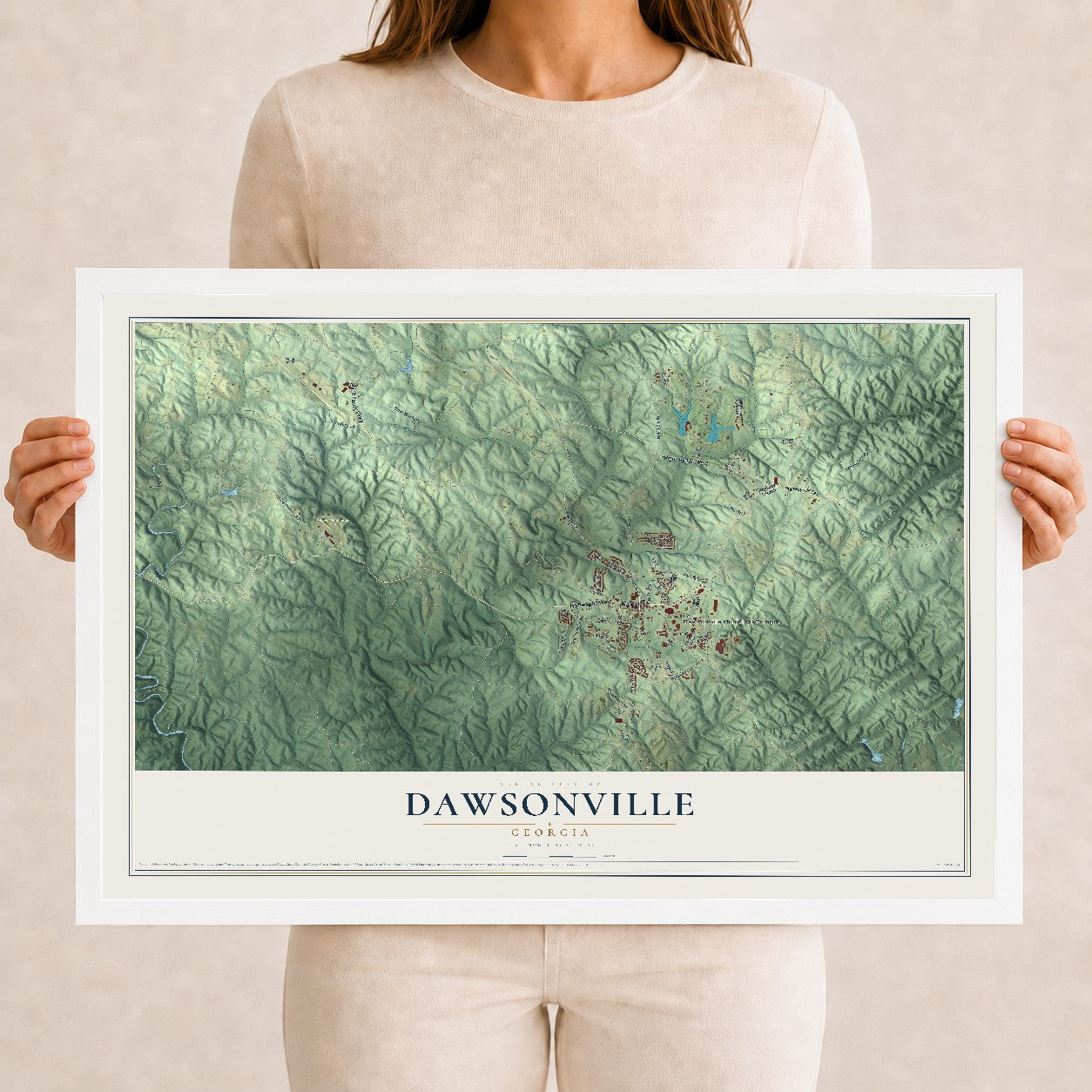 Dawsonville, Georgia map print, 12" x 18" W/ White Ayous Wood Frame mockup