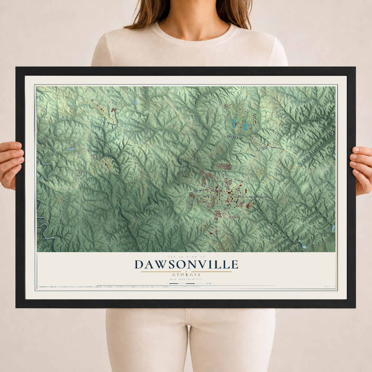 Dawsonville, Georgia map print, 18" x 24" W/ Black Ayous Wood Frame mockup