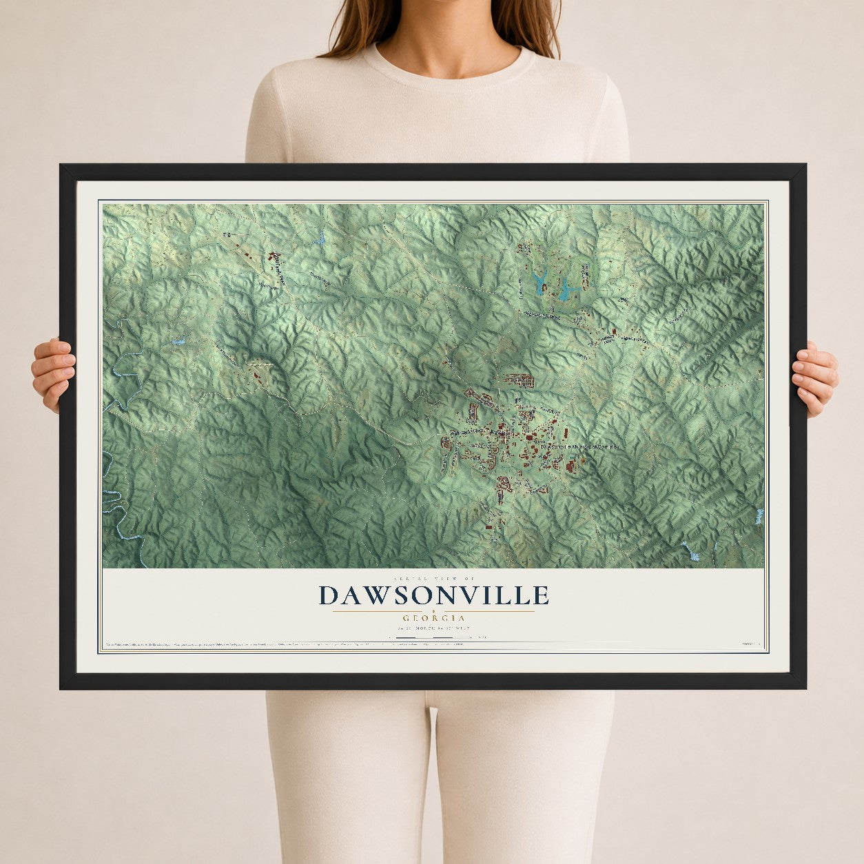Dawsonville, Georgia map print, 24" x 36" W/ Black Ayous Wood Frame mockup