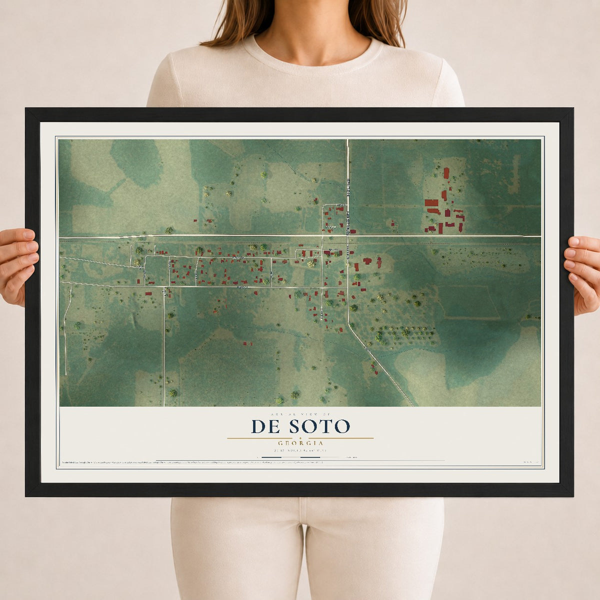 De Soto, Georgia map print, 18" x 24" W/ Black Ayous Wood Frame mockup