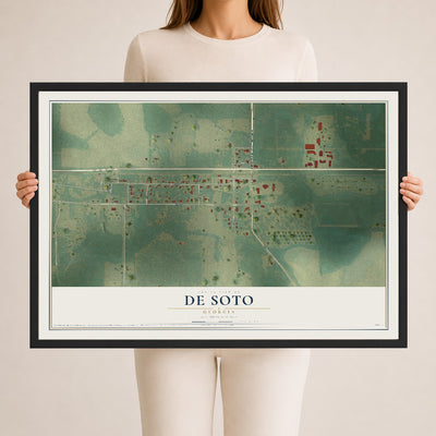 De Soto, Georgia map print, 24" x 36" W/ Black Ayous Wood Frame mockup
