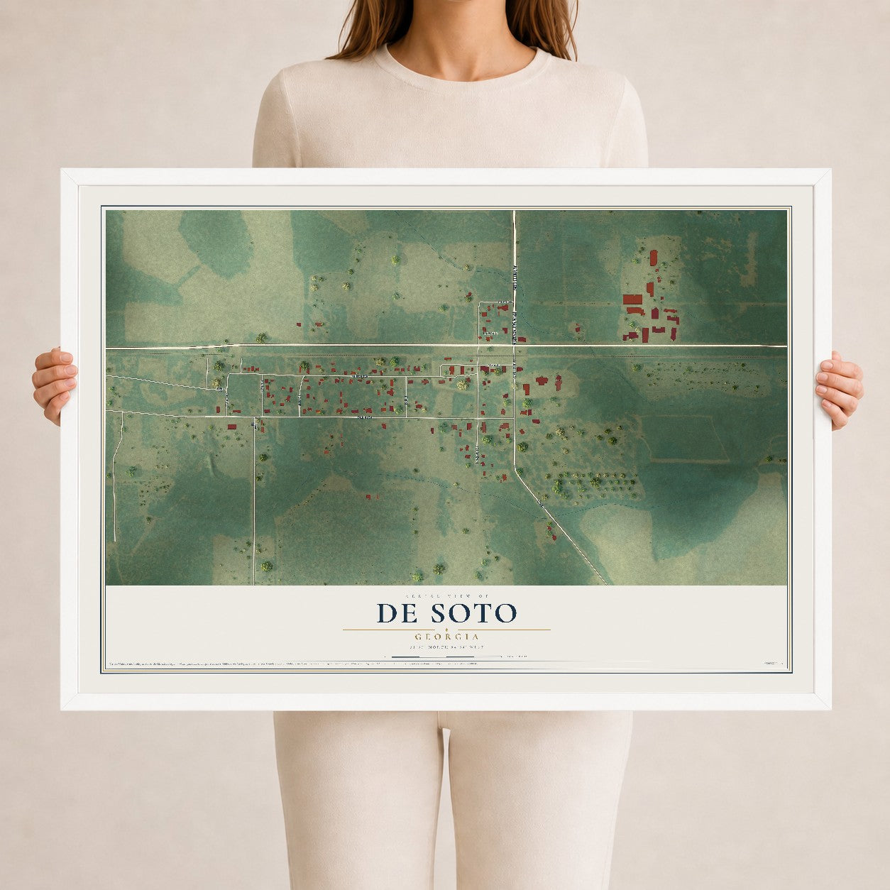 De Soto, Georgia map print, 24" x 36" W/ White Ayous Wood Frame mockup