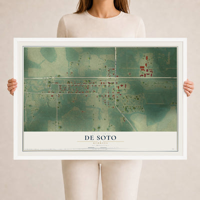De Soto, Georgia map print, 24" x 36" W/ White Ayous Wood Frame mockup