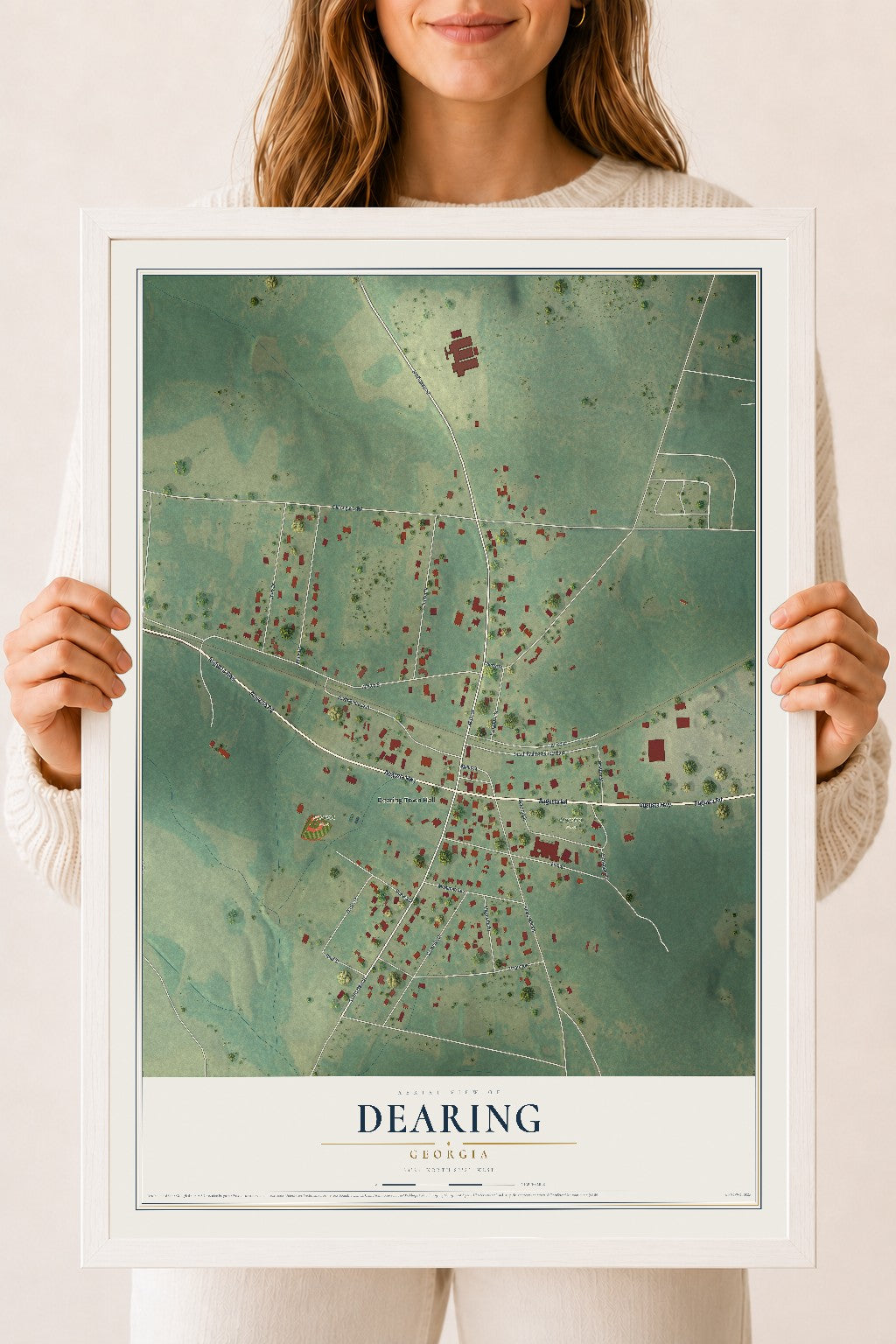 Dearing, Georgia map print, 18" x 24" W/ White Ayous Wood Frame mockup
