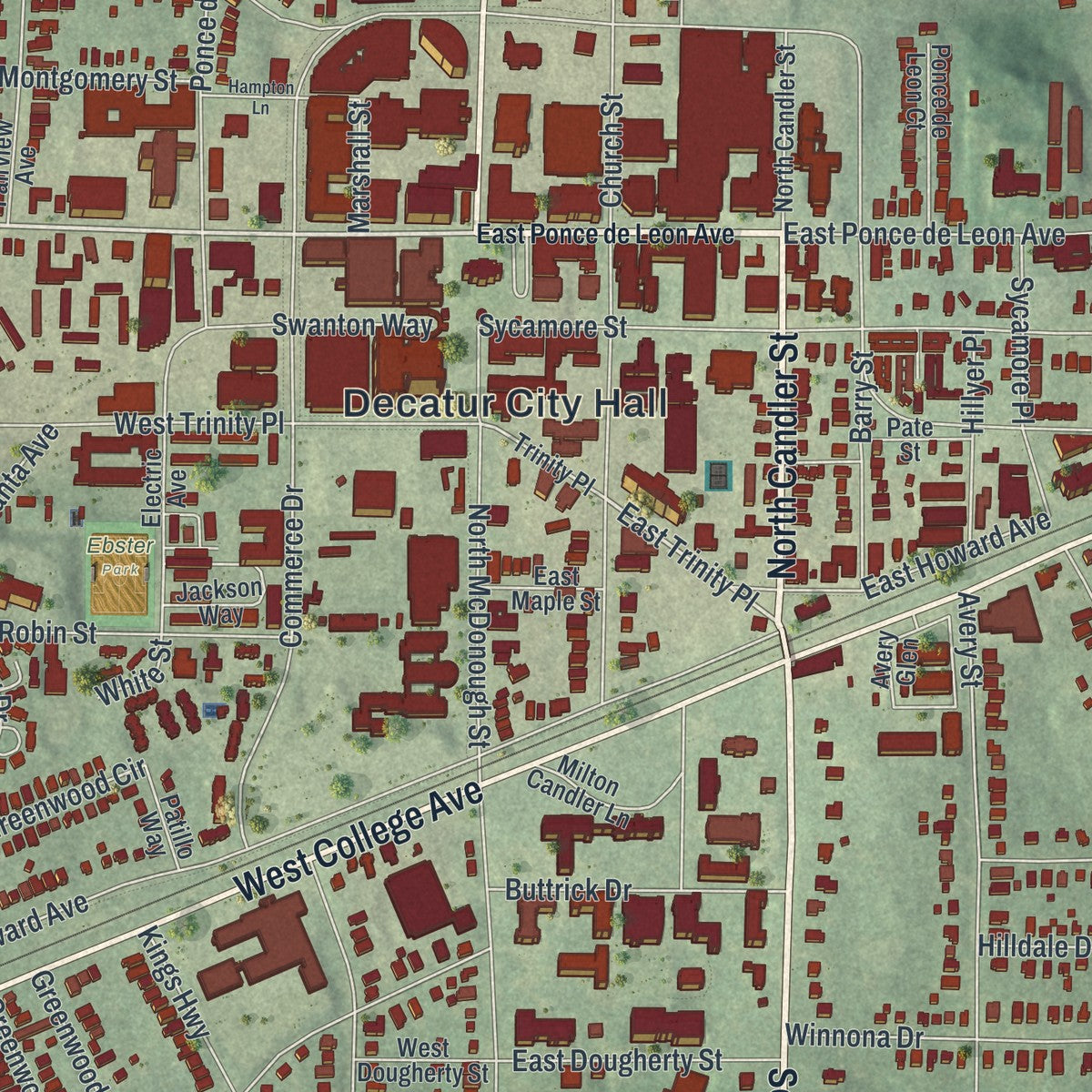 Close-up 1 of the Decatur, Georgia map artwork