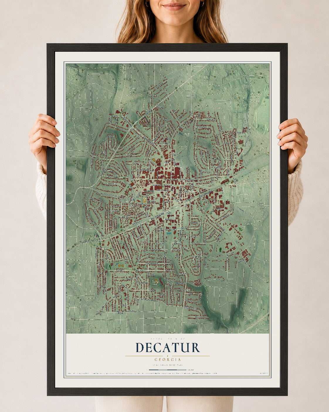 Decatur, Georgia map print, 24" x 36" W/ Black Ayous Wood Frame mockup