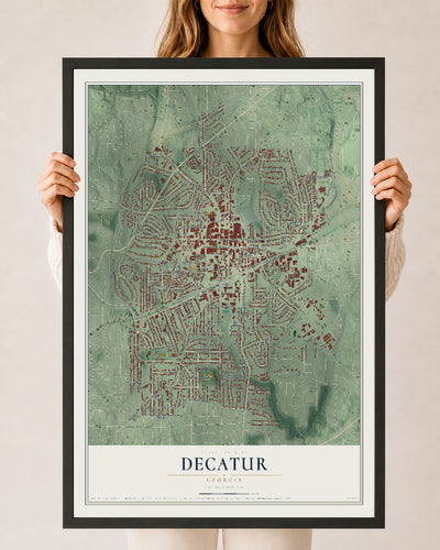 Decatur, Georgia map print, 24" x 36" W/ Black Ayous Wood Frame mockup