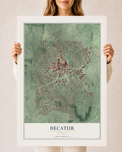 Decatur, Georgia map print, 24" x 36" W/ White Ayous Wood Frame mockup