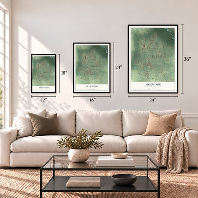 Deenwood, Georgia map in 12 x 18, 18 x 24 and 24 x 36 inch sizes above a sofa