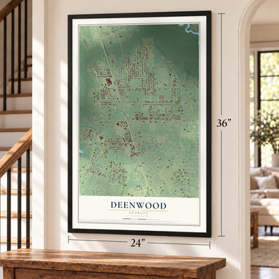 Deenwood, Georgia map, 24 x 36 inch print in a black frame by a staircase
