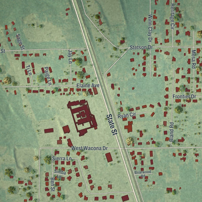 Close-up of the map of Deenwood, Georgia print showing street and building detail