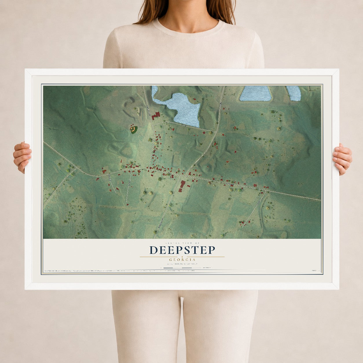 Deepstep, Georgia map print, 24" x 36" W/ White Ayous Wood Frame mockup