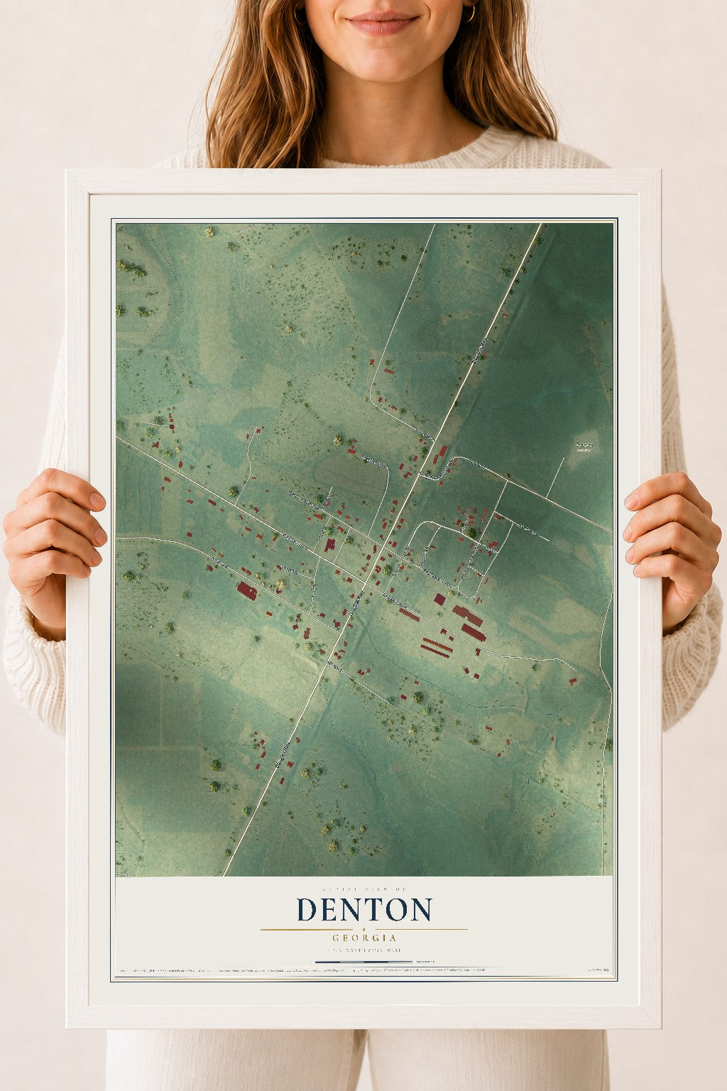 Denton, Georgia map print, 18" x 24" W/ White Ayous Wood Frame mockup