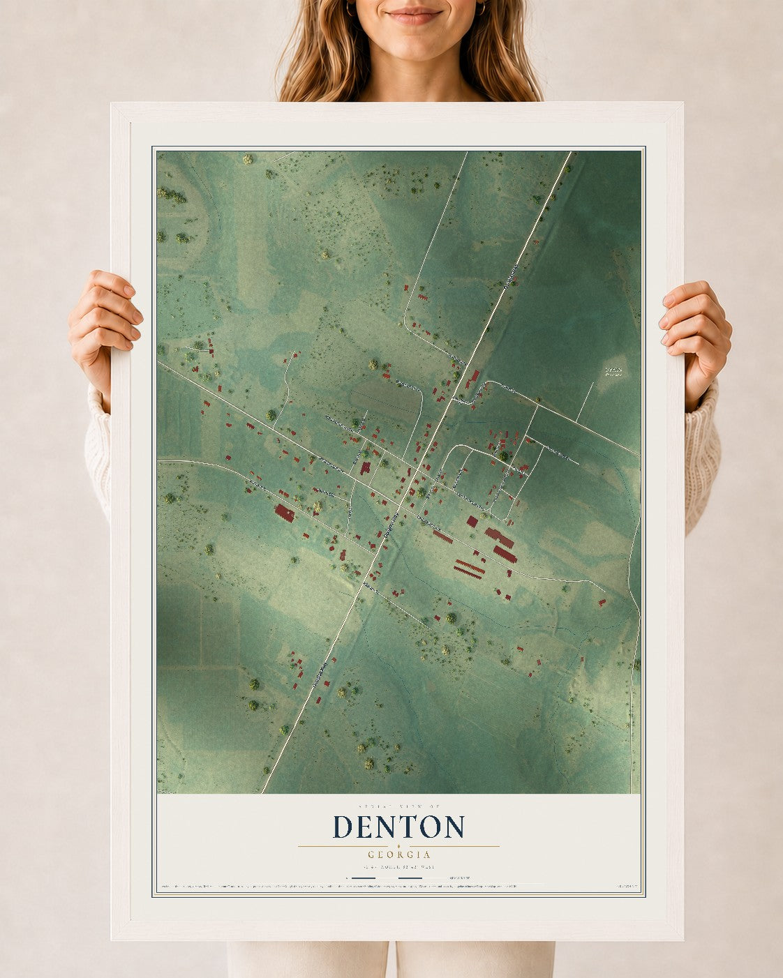 Denton, Georgia map print, 24" x 36" W/ White Ayous Wood Frame mockup