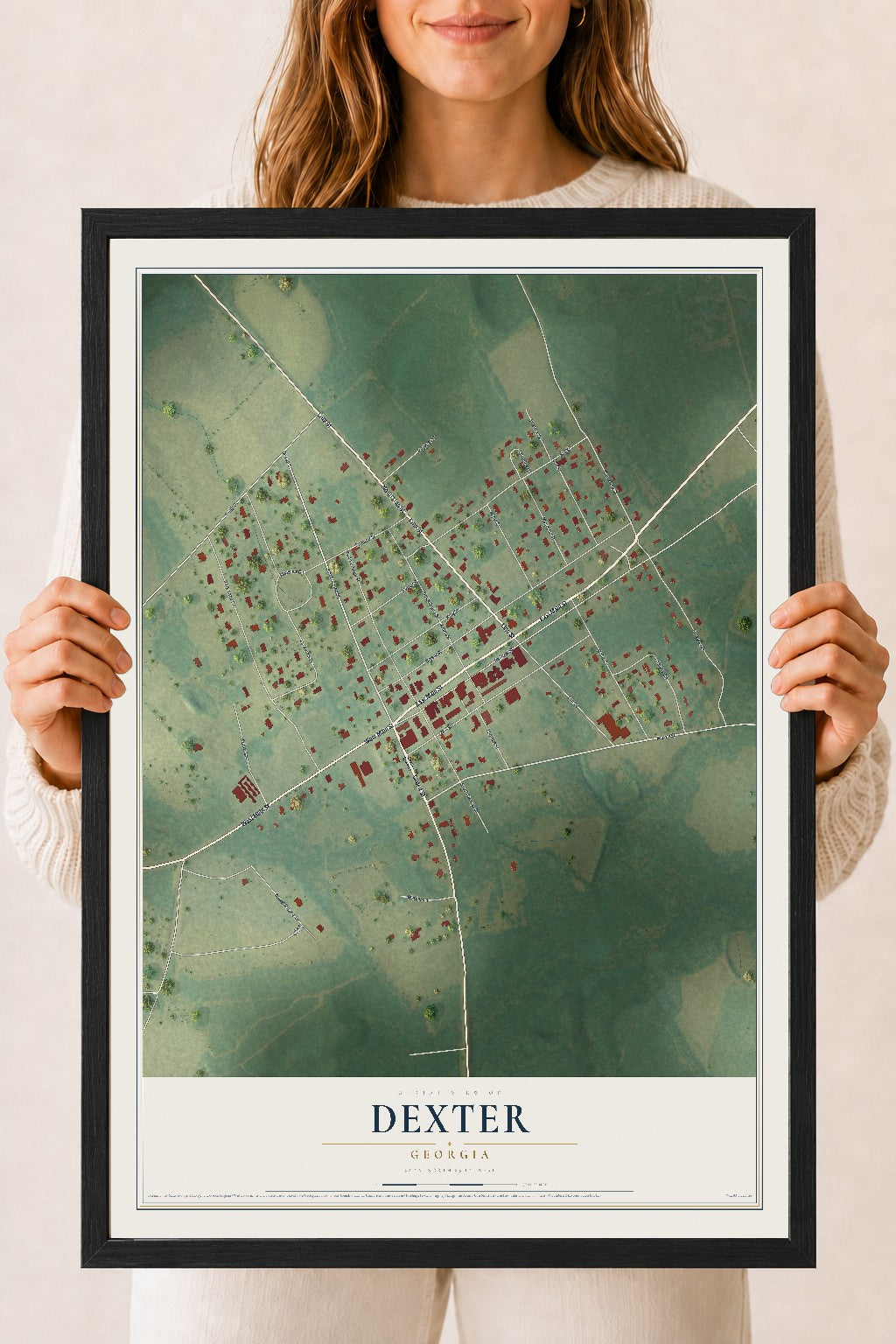 Dexter, Georgia map print, 18" x 24" W/ Black Ayous Wood Frame mockup