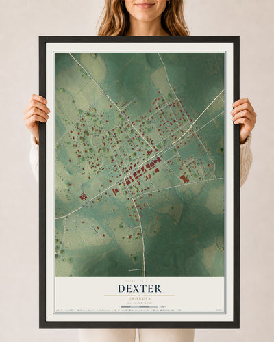 Dexter, Georgia map print, 24" x 36" W/ Black Ayous Wood Frame mockup