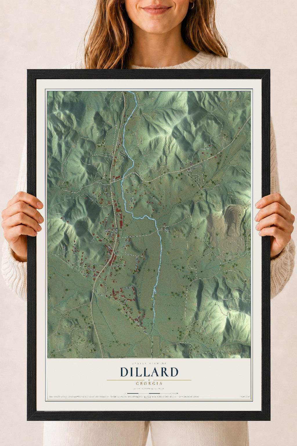 Dillard, Georgia map print, 18" x 24" W/ Black Ayous Wood Frame mockup