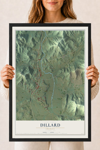 Dillard, Georgia map print, 18" x 24" W/ Black Ayous Wood Frame mockup