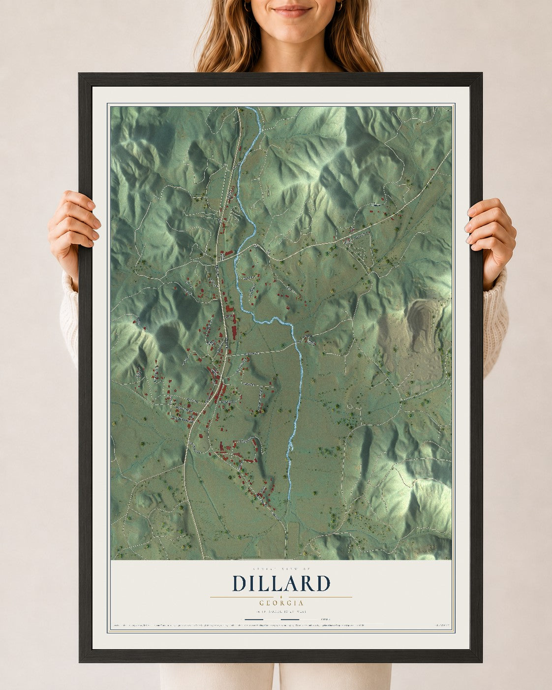 Dillard, Georgia map print, 24" x 36" W/ Black Ayous Wood Frame mockup