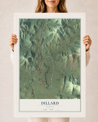 Dillard, Georgia map print, 24" x 36" W/ White Ayous Wood Frame mockup