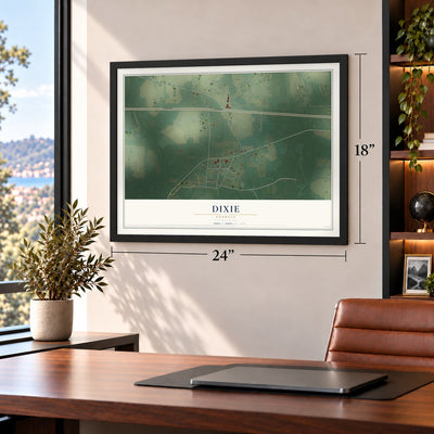 Dixie, Georgia map, 18 x 24 inch print in a black frame in a home office