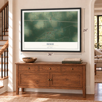 Dixie, Georgia map, 24 x 36 inch print in a black frame above a dresser by a staircase