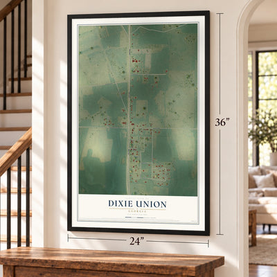 Dixie Union, Georgia map, 24 x 36 inch print in a black frame by a staircase