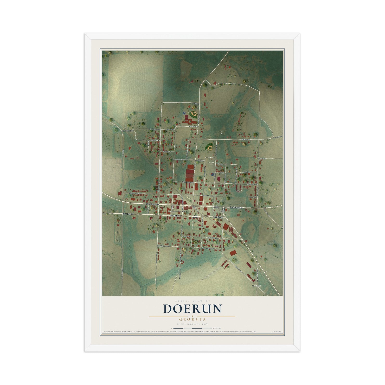 Doerun, Georgia map print, 12" x 18" W/ White Ayous Wood Frame mockup
