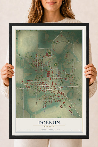 Doerun, Georgia map print, 18" x 24" W/ Black Ayous Wood Frame mockup