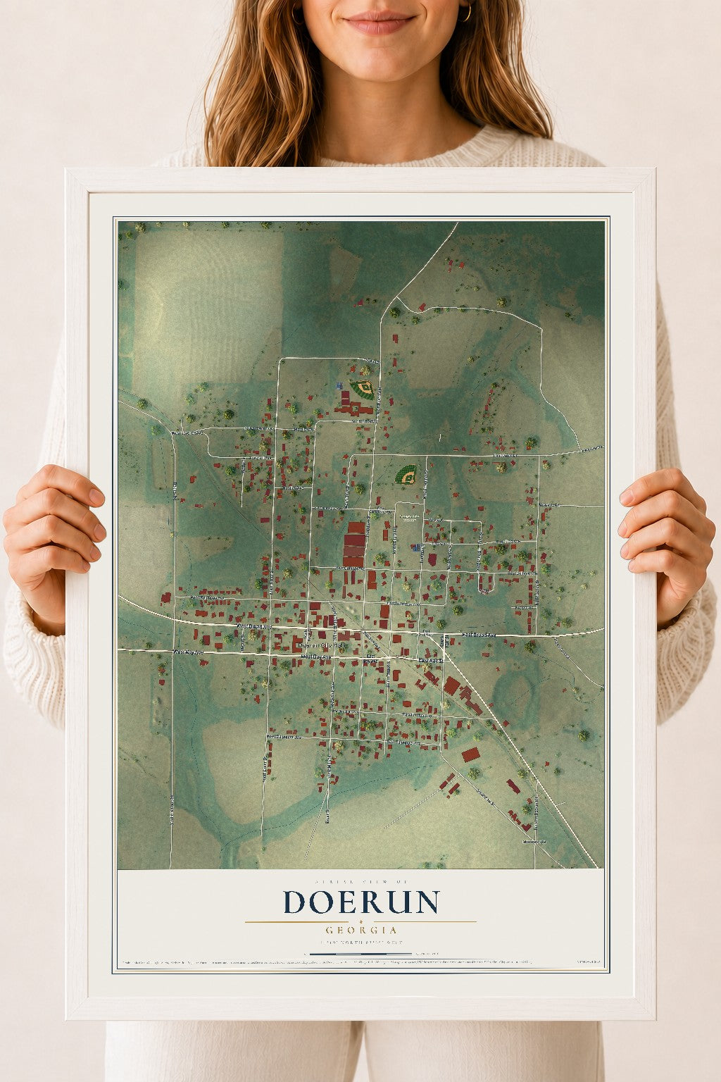 Doerun, Georgia map print, 18" x 24" W/ White Ayous Wood Frame mockup